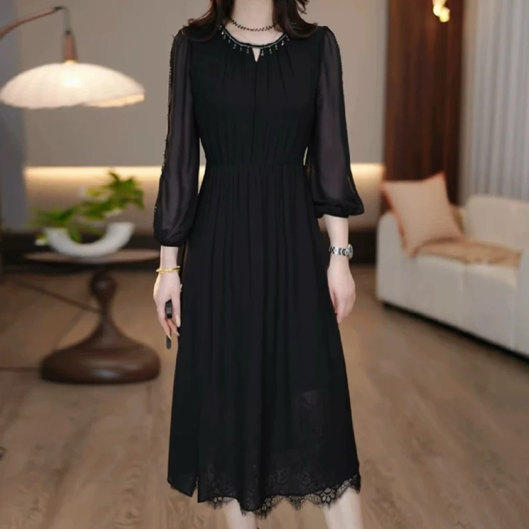 彬彬家时尚减龄中长款修身纯色黑色裙摆蕾丝气质温婉气质裙108