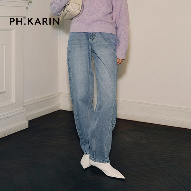 PH KARIN 设计感浅蓝高腰显瘦香蕉裤型直筒牛仔裤女春装新款