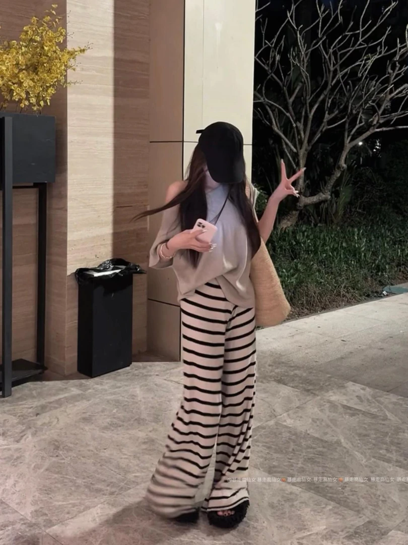 150小个子冰凉感冰丝条纹裤子女夏慵懒松弛阔腿针织裤高个子裤子