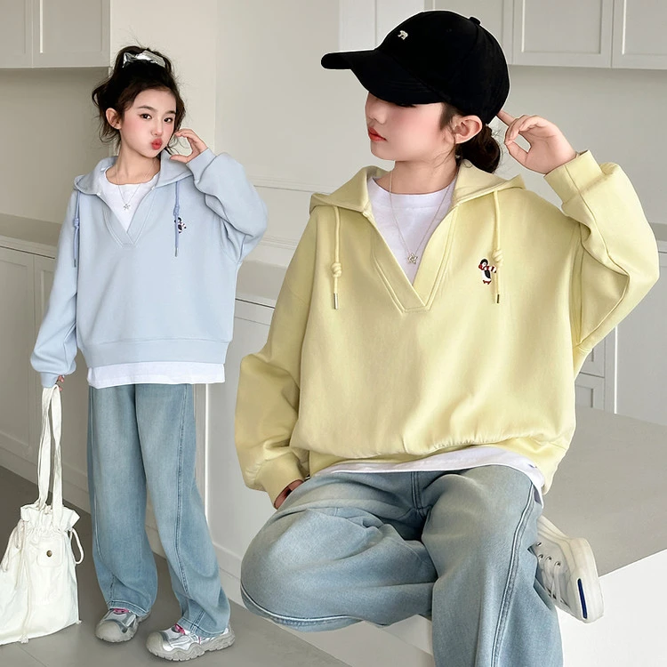 女童洋气假两件卫衣2025秋装新款6-12岁15岁大童连帽韩版休闲上衣