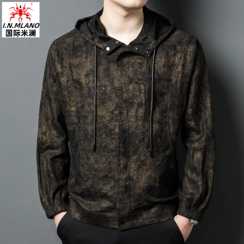 【香云纱夹克】100%桑蚕丝高档真丝龟裂纹男士连帽宽松拉链外套薄款