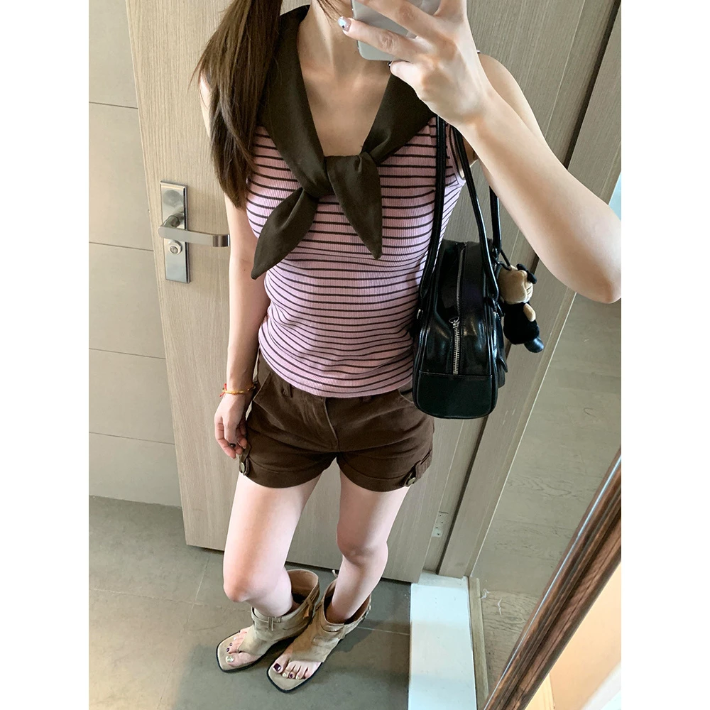 韩系复古条纹海军领吊带背心女夏季修身短款高级感无袖v领小上衣