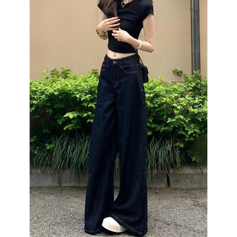 深蓝色阔腿显瘦女夏季2025新款复古高腰宽松夏夏季白色直筒女裤