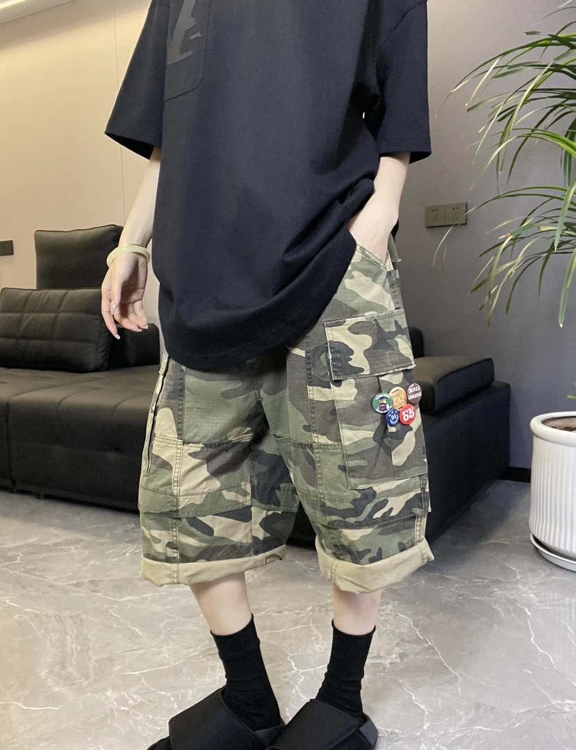 到位男装25ss夏季日系百搭水洗帆布扣件潮流工装迷彩短裤P5702