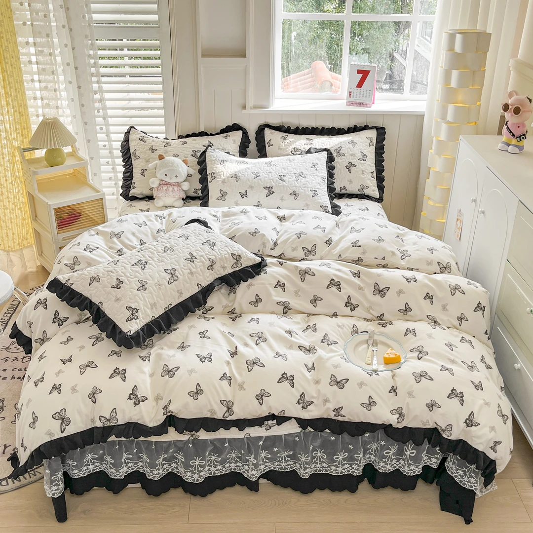 新款床盖款四件套韩版花边夹棉床裙三件套防滑空调被夏凉被四件套