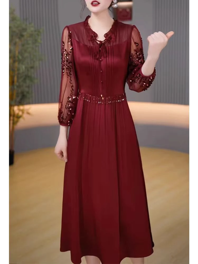 高端奢华七分袖薄款连衣裙女2025春夏新款喜婆婆妈妈婚宴礼服裙子