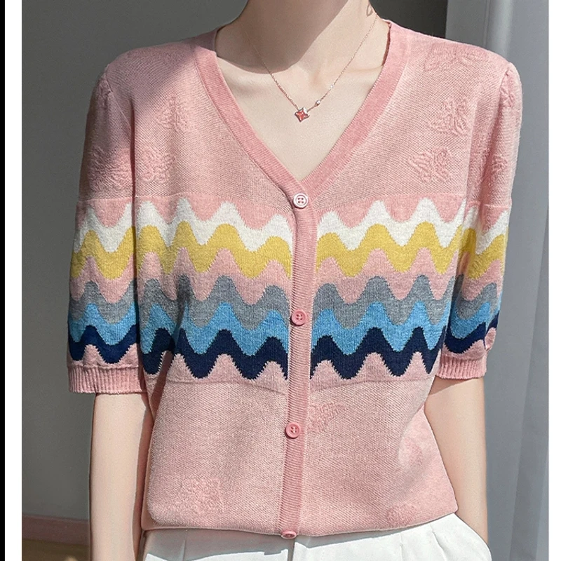 浪漫的彩虹色水波纹莱夏季塞尔天丝V领假开衫短袖T恤套头薄款短袖