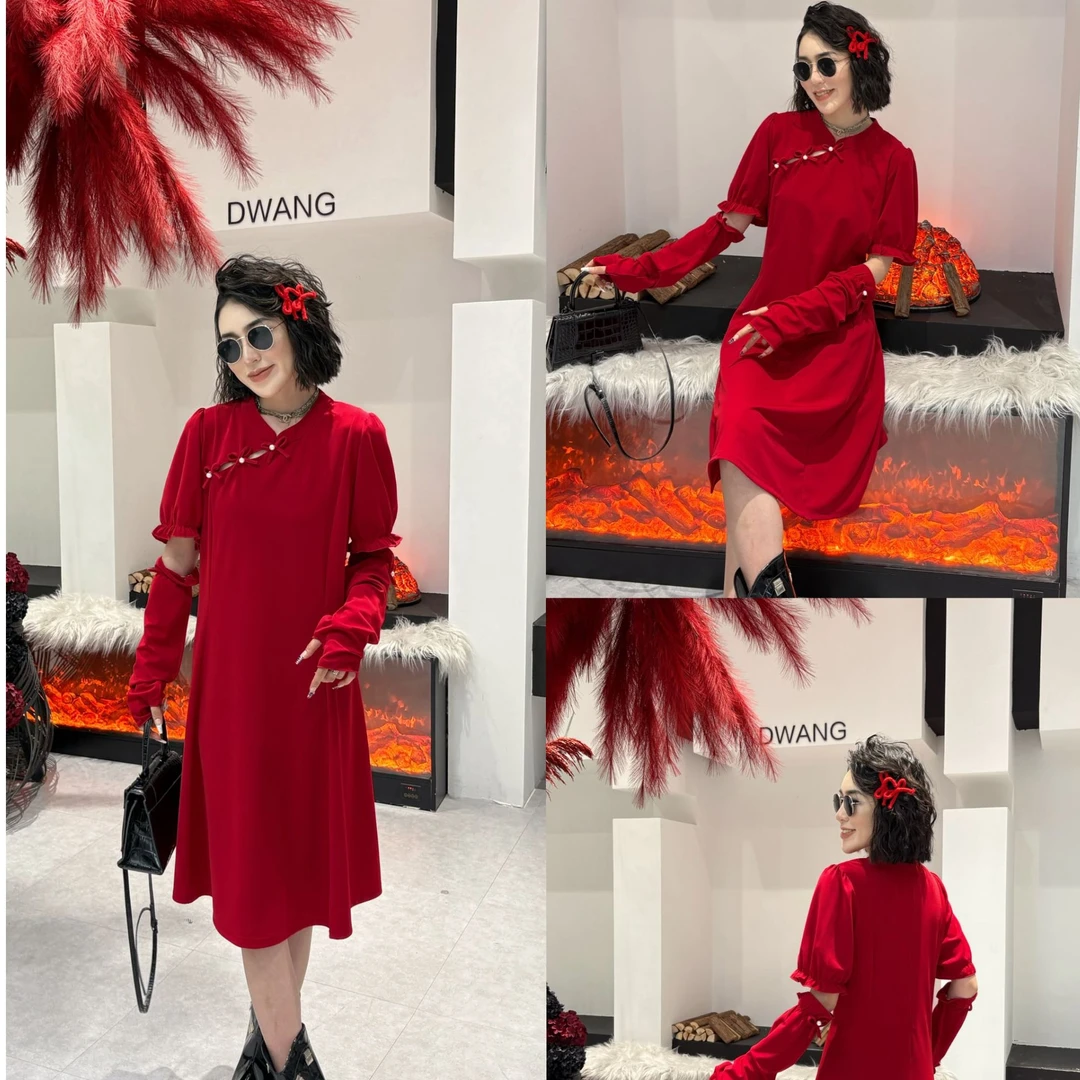 中国红新年过节素色高腰节收腰半袖带袖旗袍大码连衣裙287#