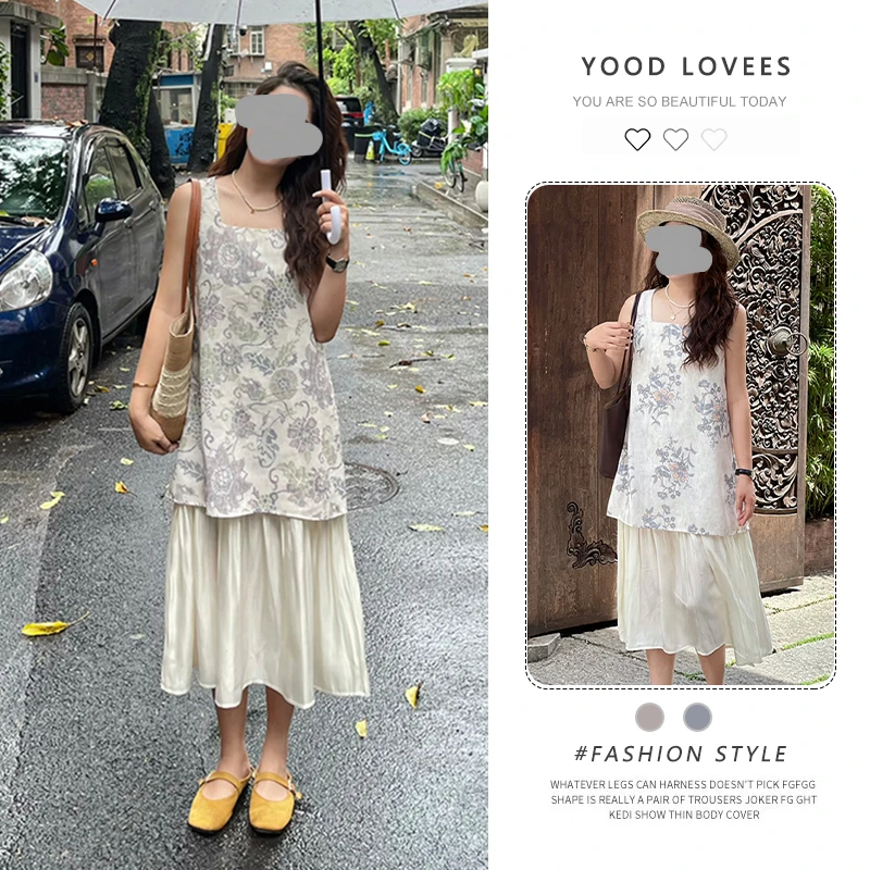韩版连衣裙夏装2025新款小清新设计感方领印花无袖拼接背心裙长裙