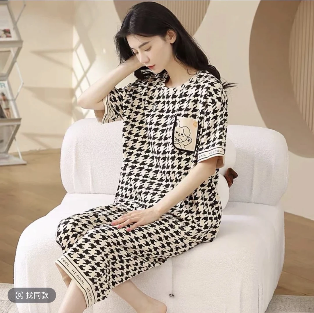 睡衣女2025夏天短袖八分裤夏季休闲宽松加大码可外穿女士家居服