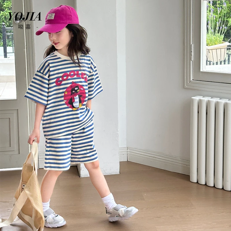 YOJIA女童运动套装夏季2025新款洋气时髦女孩短袖短裤儿童两件套