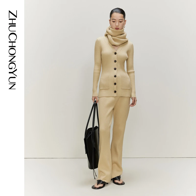 ZHUCHONGYUN春通勤时尚口袋装饰罗纹单排扣针织开衫女士