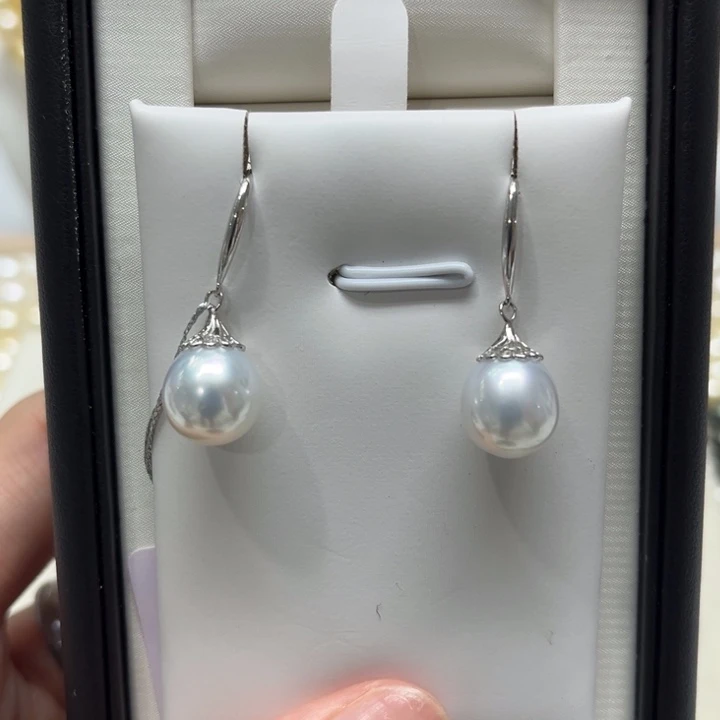 海水珍珠漏澳白盖帽耳钩10-11mm银S925镶嵌