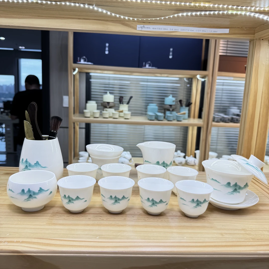 望山13件+六君子  羊脂玉白瓷功夫茶具悬停盖碗套装 安全包装