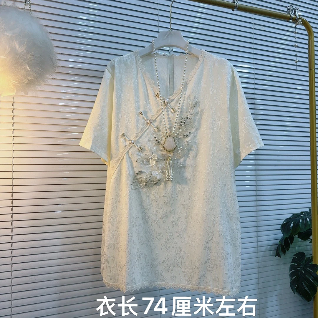 胖MM夏季2025新款大码T恤重工钉珠设计宽松半袖