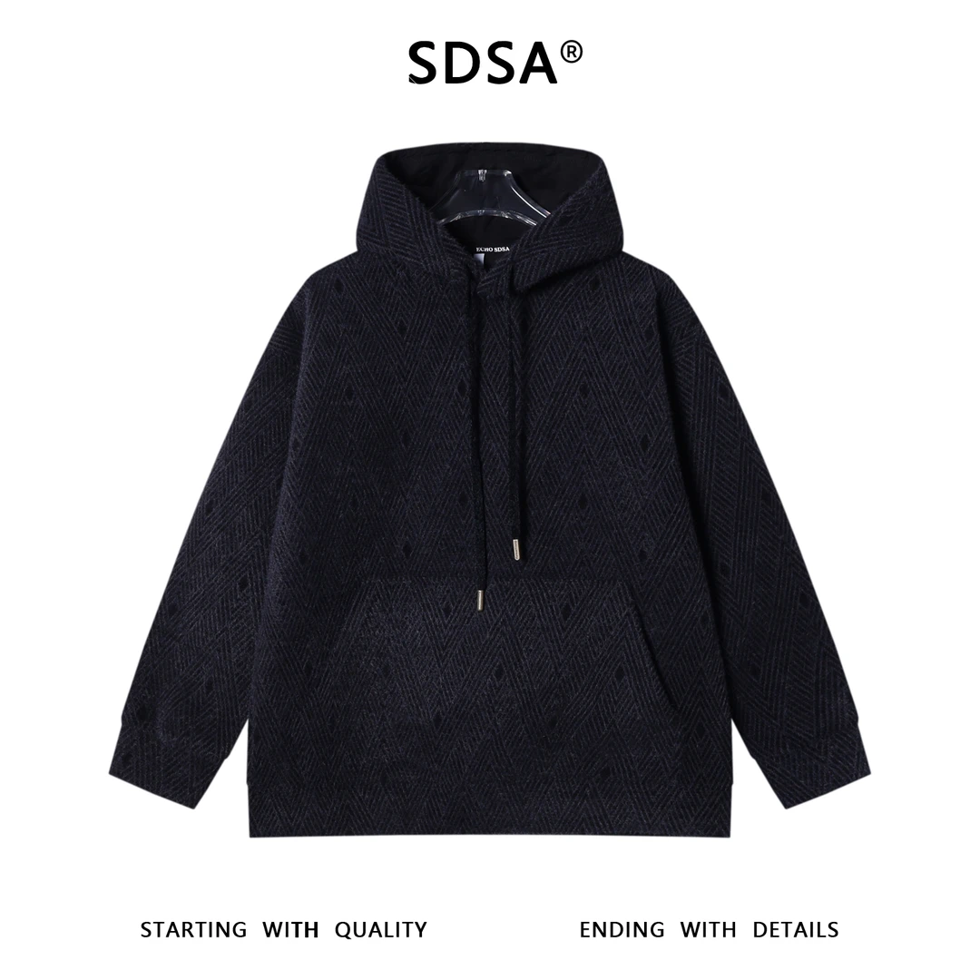 SDSA男士秋冬新款痞帅男装潮牌菱形线条抽绳连帽卫衣百搭套头上衣