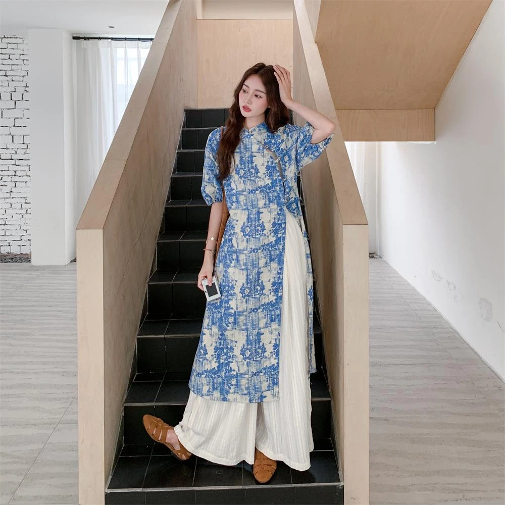 新中式国风套装女夏2025新款巨好看减龄印花盘扣罩衫阔腿裤两件套
