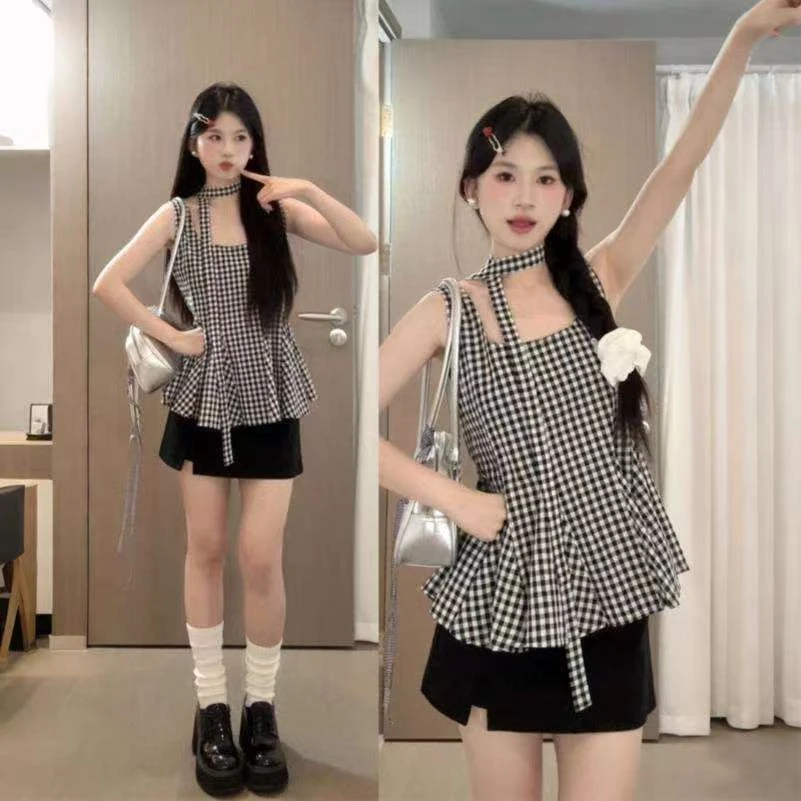 甜美风格独特漂亮超好看飘带无袖夏季新款设计感露肩系带掐腰上衣