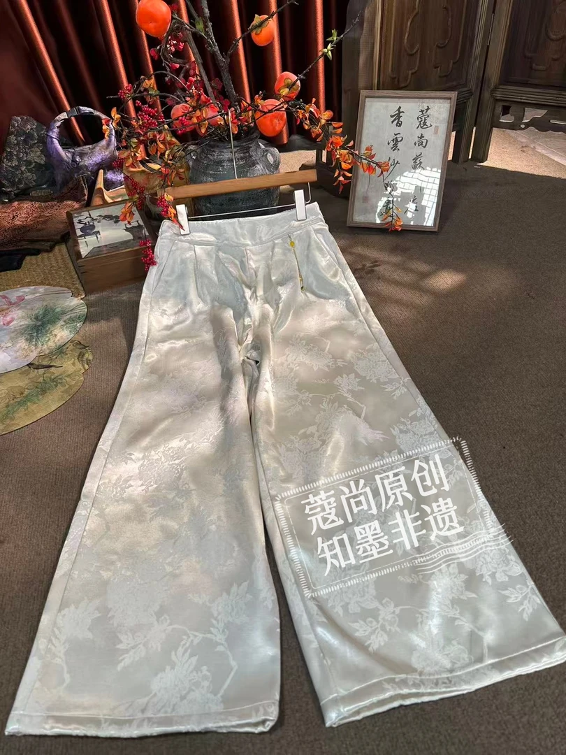 冬季新款新中式国风宽松显瘦月翎牡丹提花加绒直筒裤
