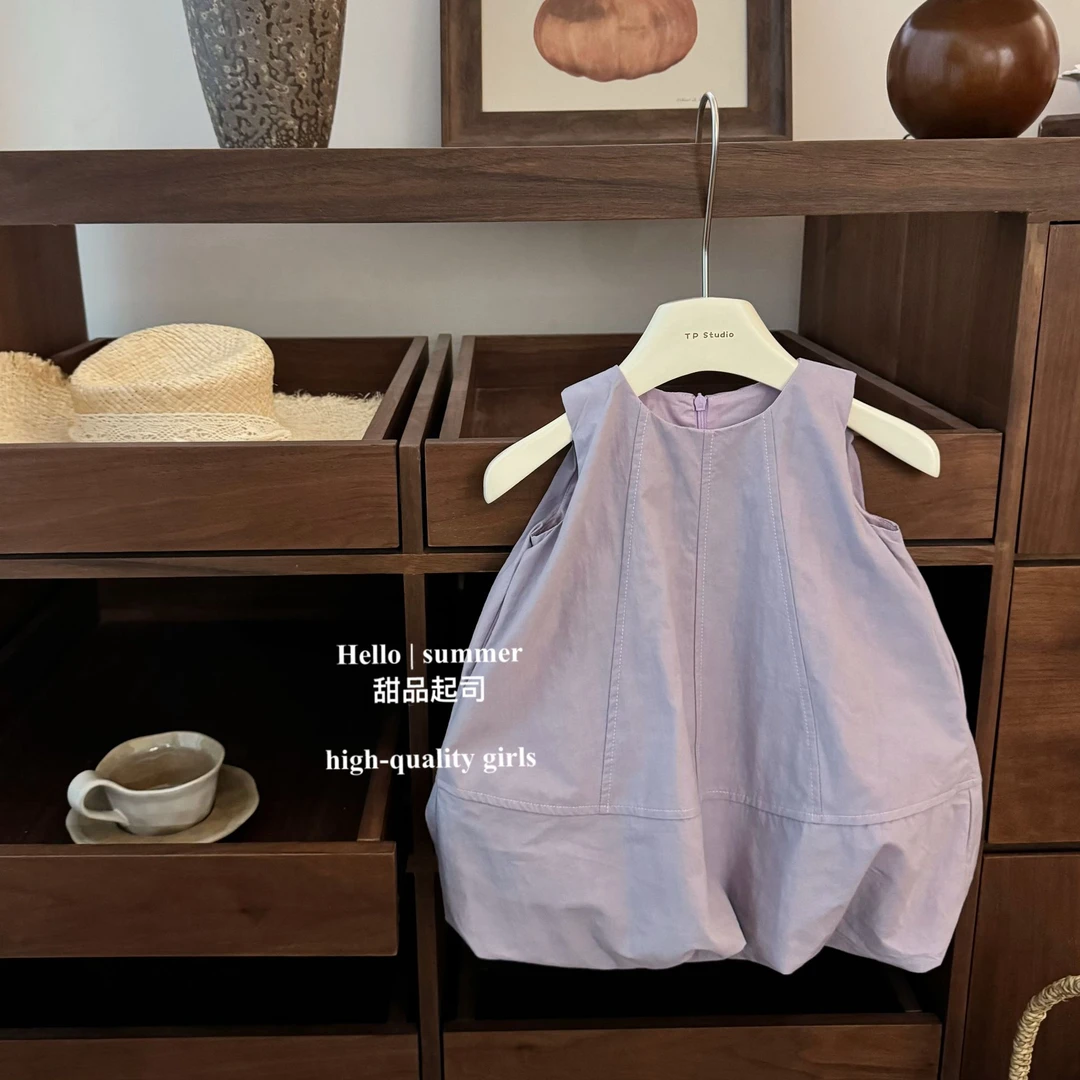 【甜品起司】芋泥啵啵！韩国童装女童可爱紫色花苞高级感纯棉背心裙