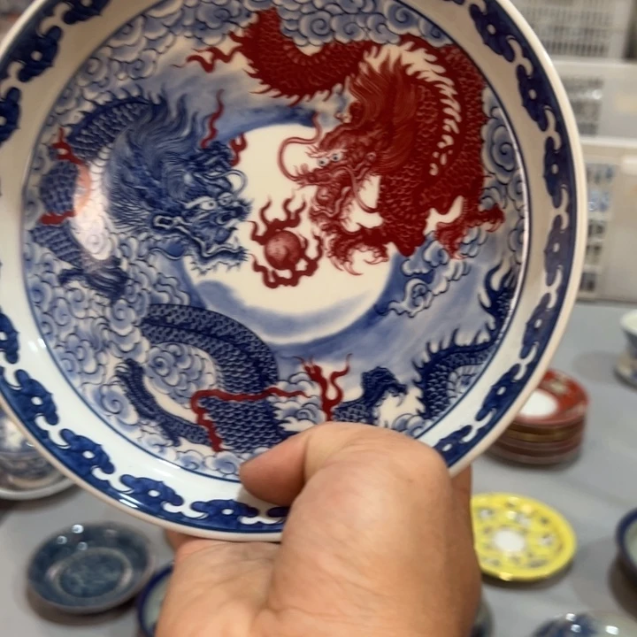 白青花釉里红双龙戏珠大壶承