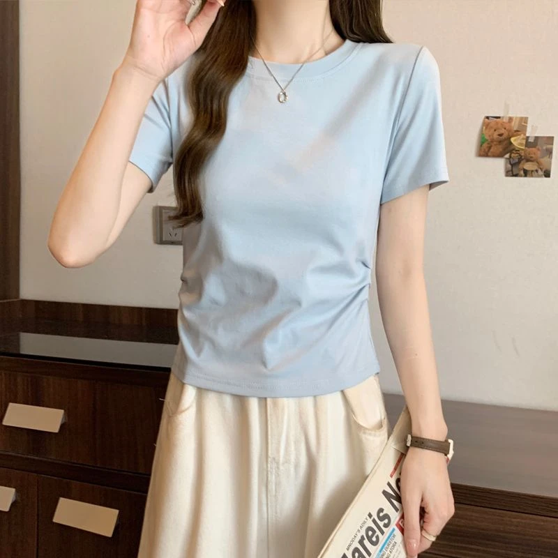 欧货洋气别致小衫打底衫正肩短款上衣红色显瘦高腰百搭夏季小众