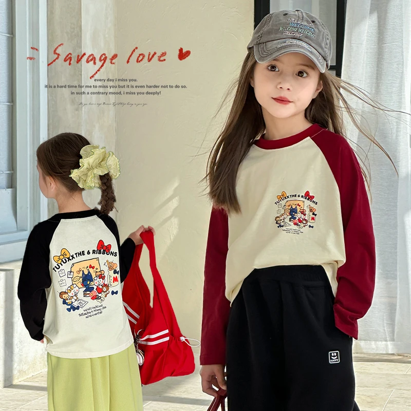 图图小象2025春装儿童新款休闲可爱撞色插肩袖亲子款T恤BCT168