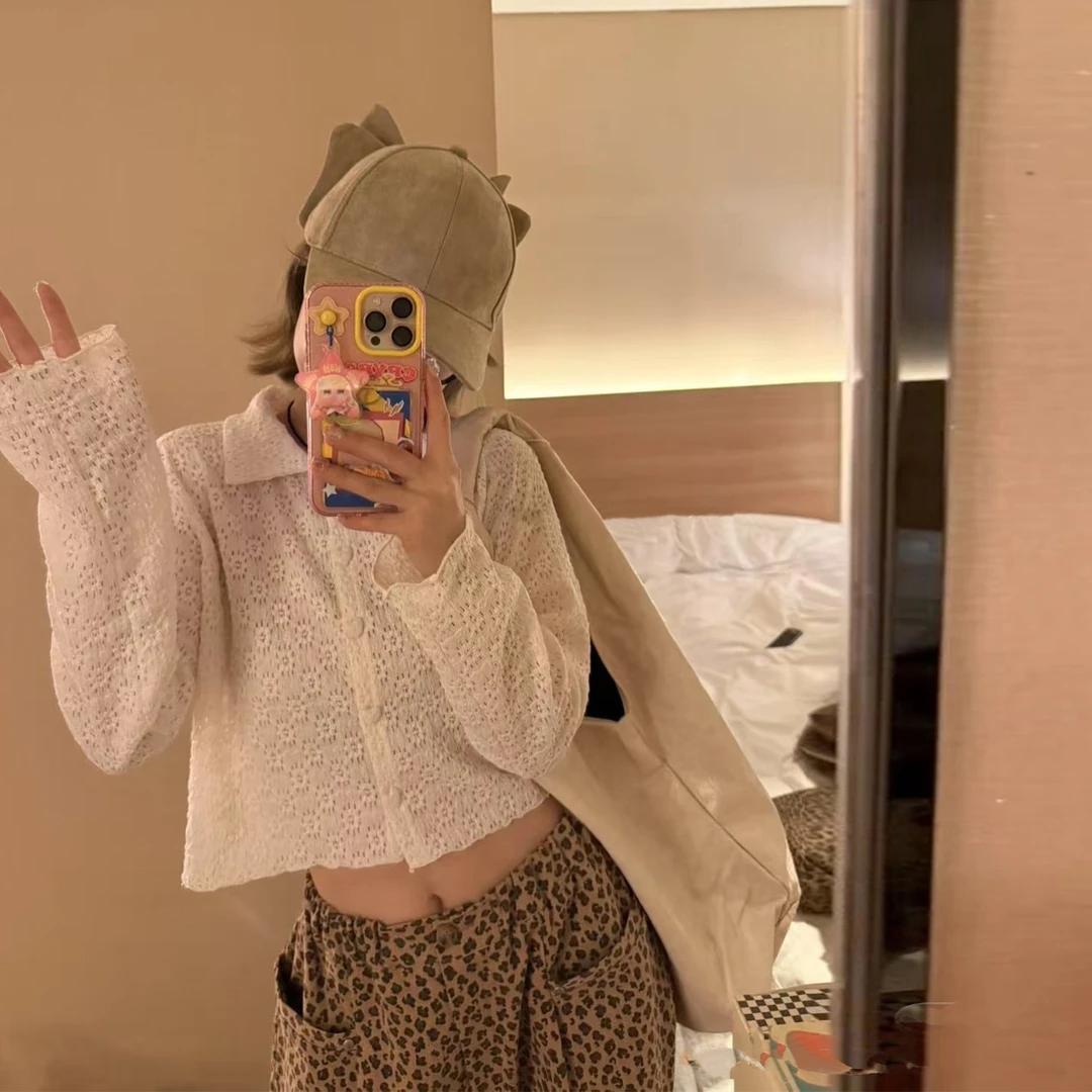 iamannieww秋季女装上衣复古镂空纽扣POLO翻领长袖衬衫休闲打底衫