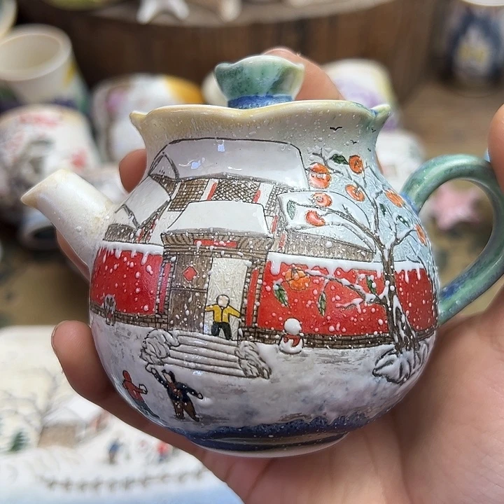 手绘雪景红墙雪柿