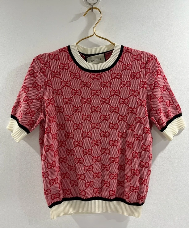 99新 GUCCI/古驰 GUCCI古驰红色印花白边短袖L码/E00367