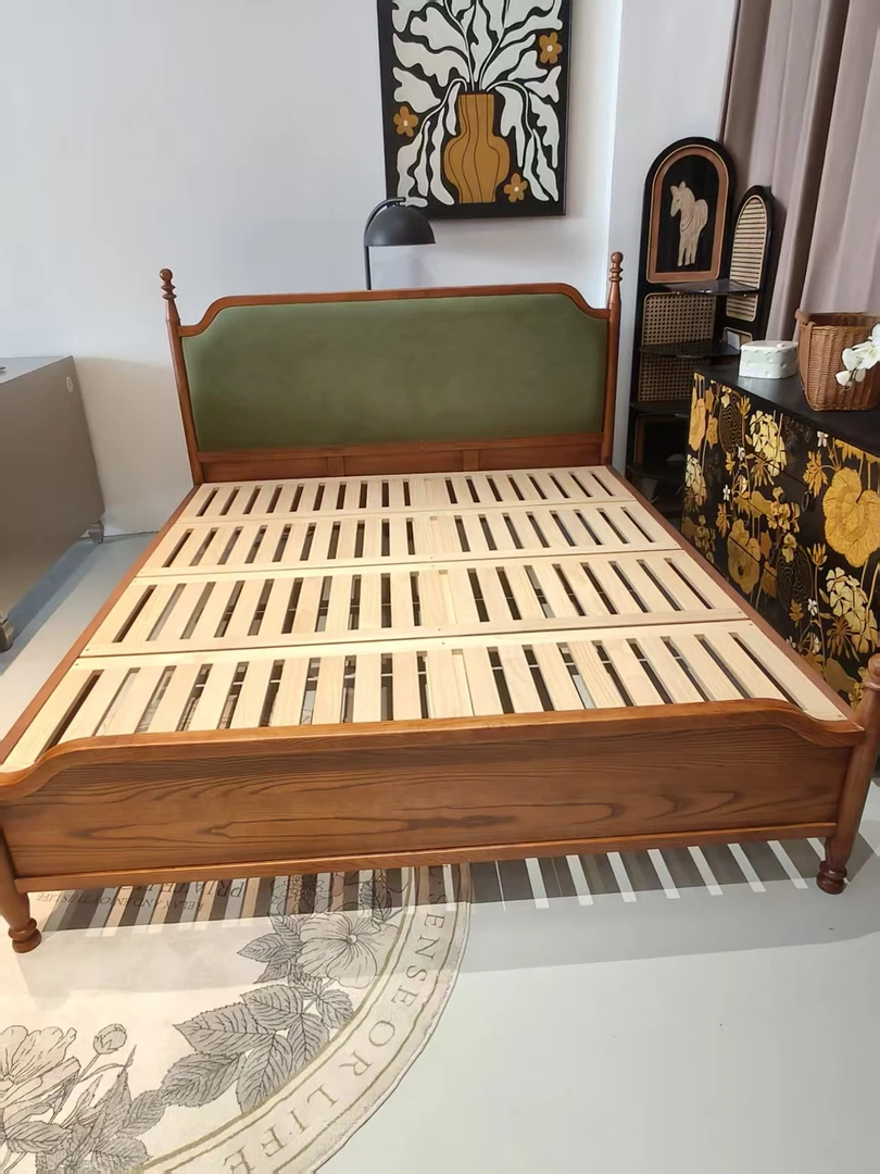 美式复古简约大小户型白蜡木实木床软包靠背大床