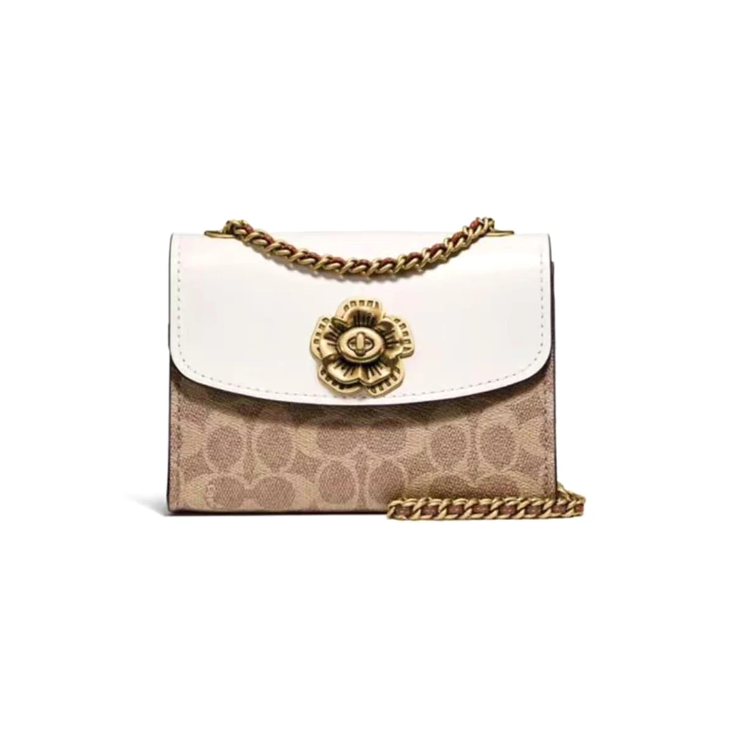 95新 COACH/蔻驰 焦糖色老花小号山茶花链条包/H9717/18X14X7