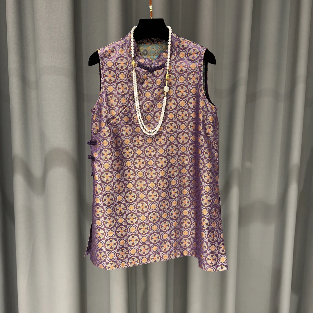 【紫】2025碎花针织时尚女士夏季复古无袖提花马甲