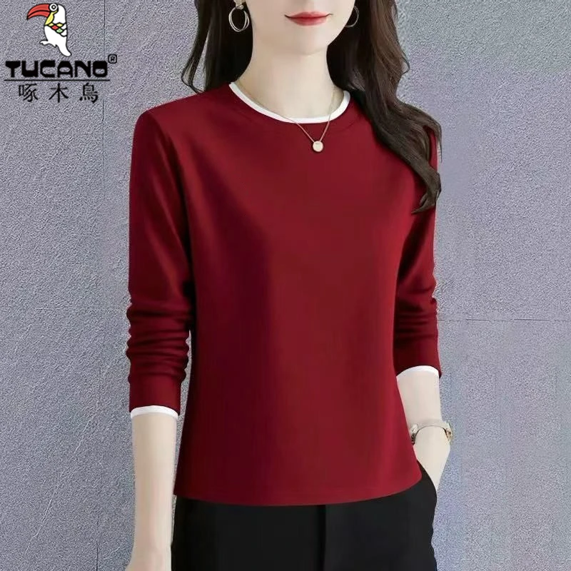 啄木鸟纯棉长袖t恤女打底衫秋冬内搭可外穿新款高端洋气正肩上衣