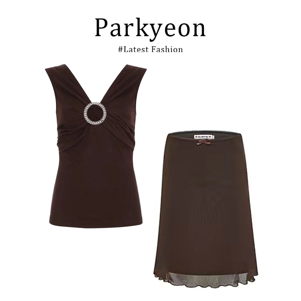 parkyeon夏季性感辣妹套装咖色修身显瘦v领上衣配直筒a字半身裙女