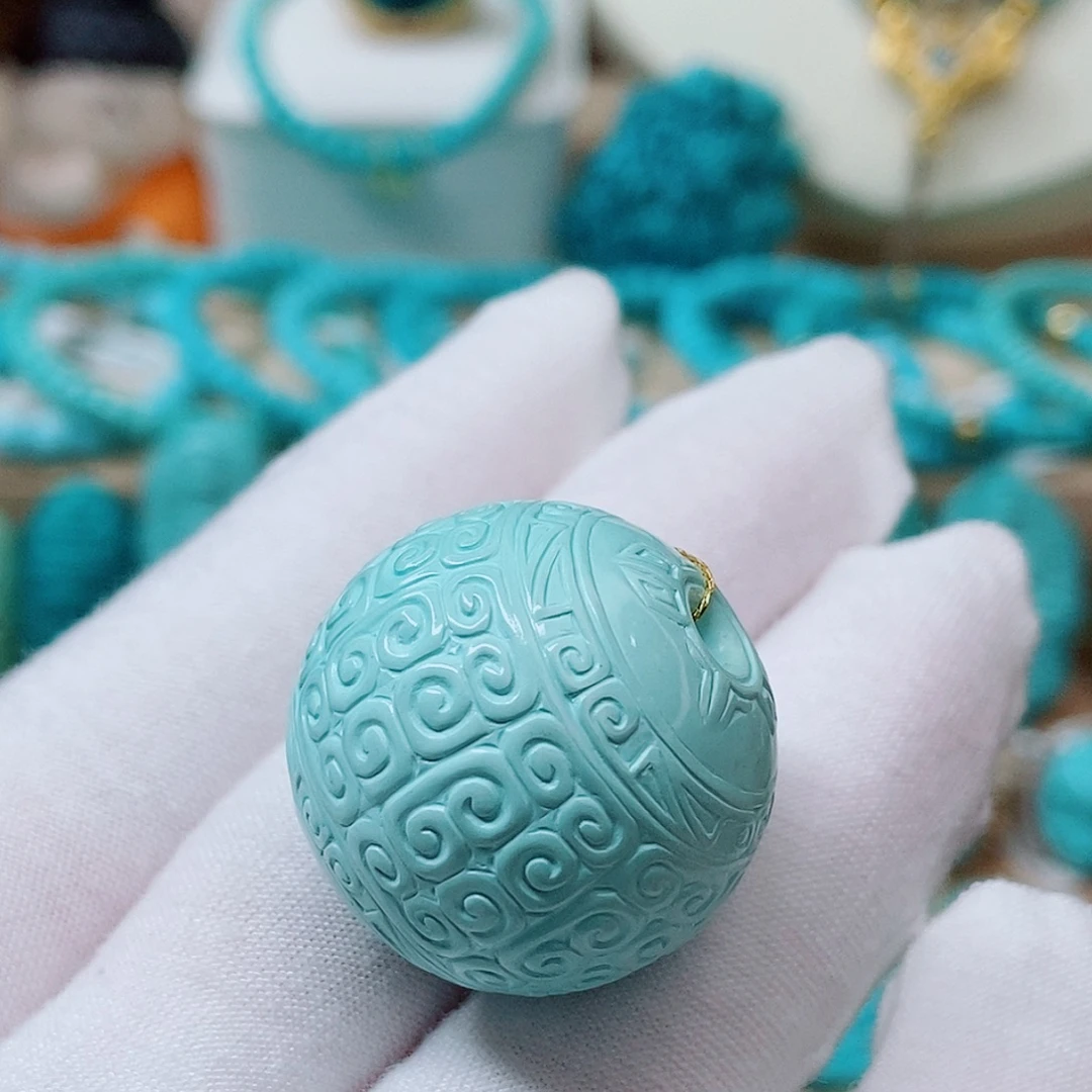 未镶嵌绿松石高瓷绿精雕回纹大圆珠25