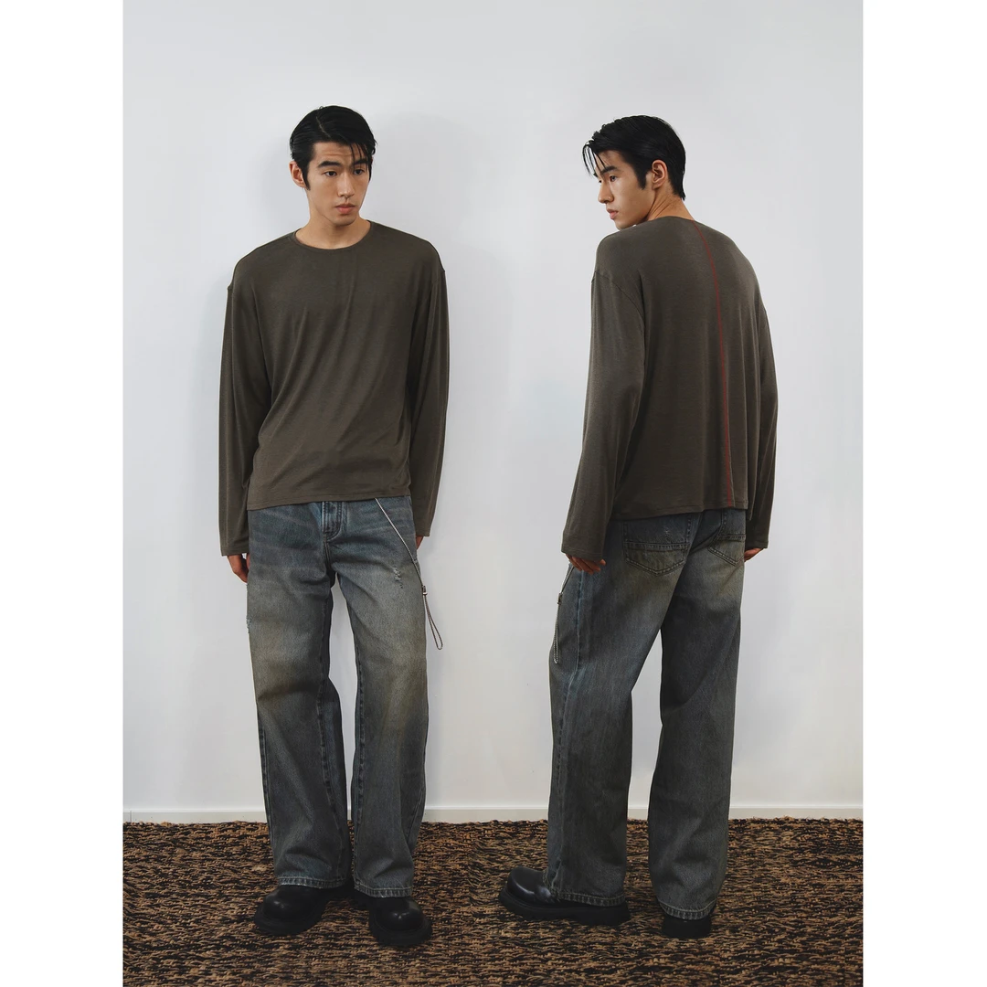 weave 悠闲假期 白色/军绿圆领透气针织轻盈长袖宽松T恤上衣