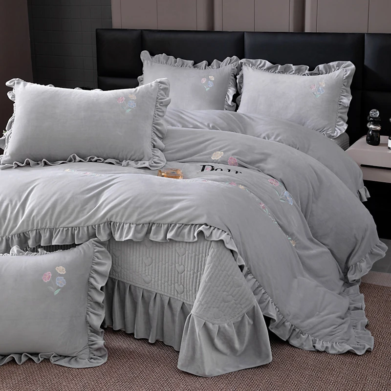 法式纯色加厚床盖刺绣牛奶绒四件套公主风双面绒加绒被套保暖被罩