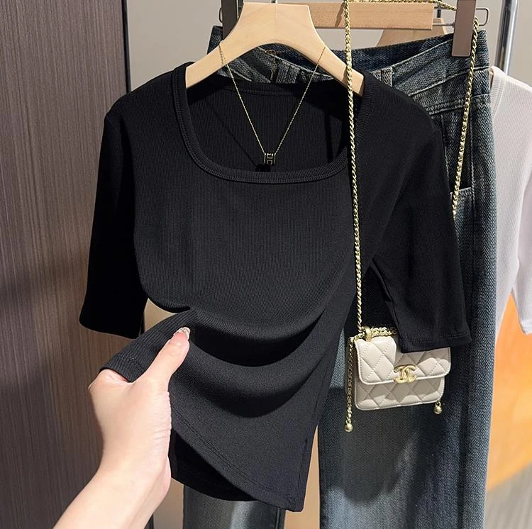 黑色螺纹方领中袖打底衫女内搭修身T恤显瘦时尚五分袖洋气上衣服