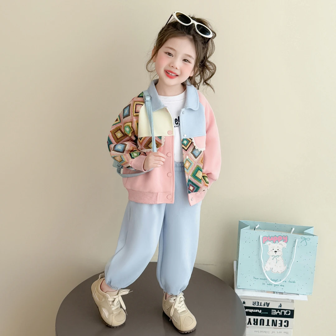 女童套装春秋2025新款儿童拼色翻领外套洋气时尚女宝宝休闲两件套