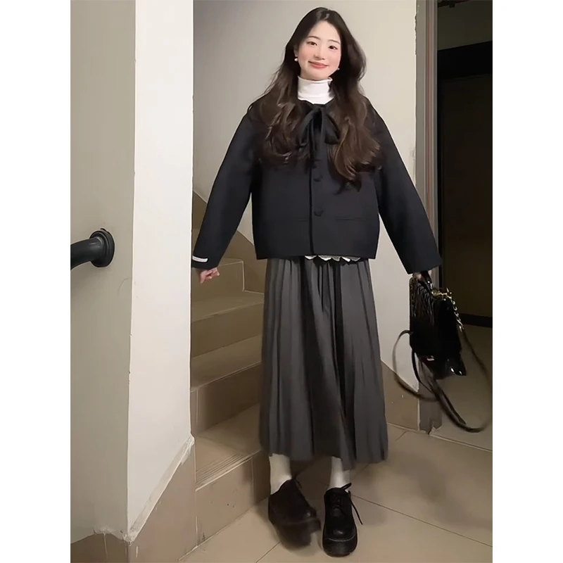 MARIE.COCO秋冬新款韩系蝴蝶结毛呢外套上衣高腰A字半身裙套装