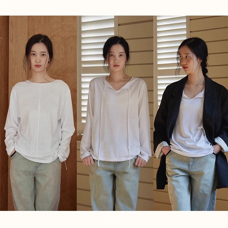 NICE PEOPLE直播 竹节肌理感前后两穿系带显瘦短袖长袖T恤