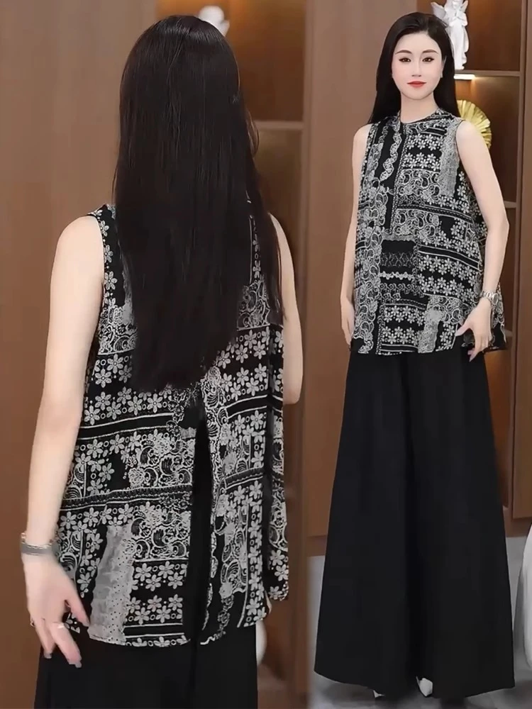 新中式国风套装女2025夏季新款时髦洋气印花无袖上衣阔腿裤两件套