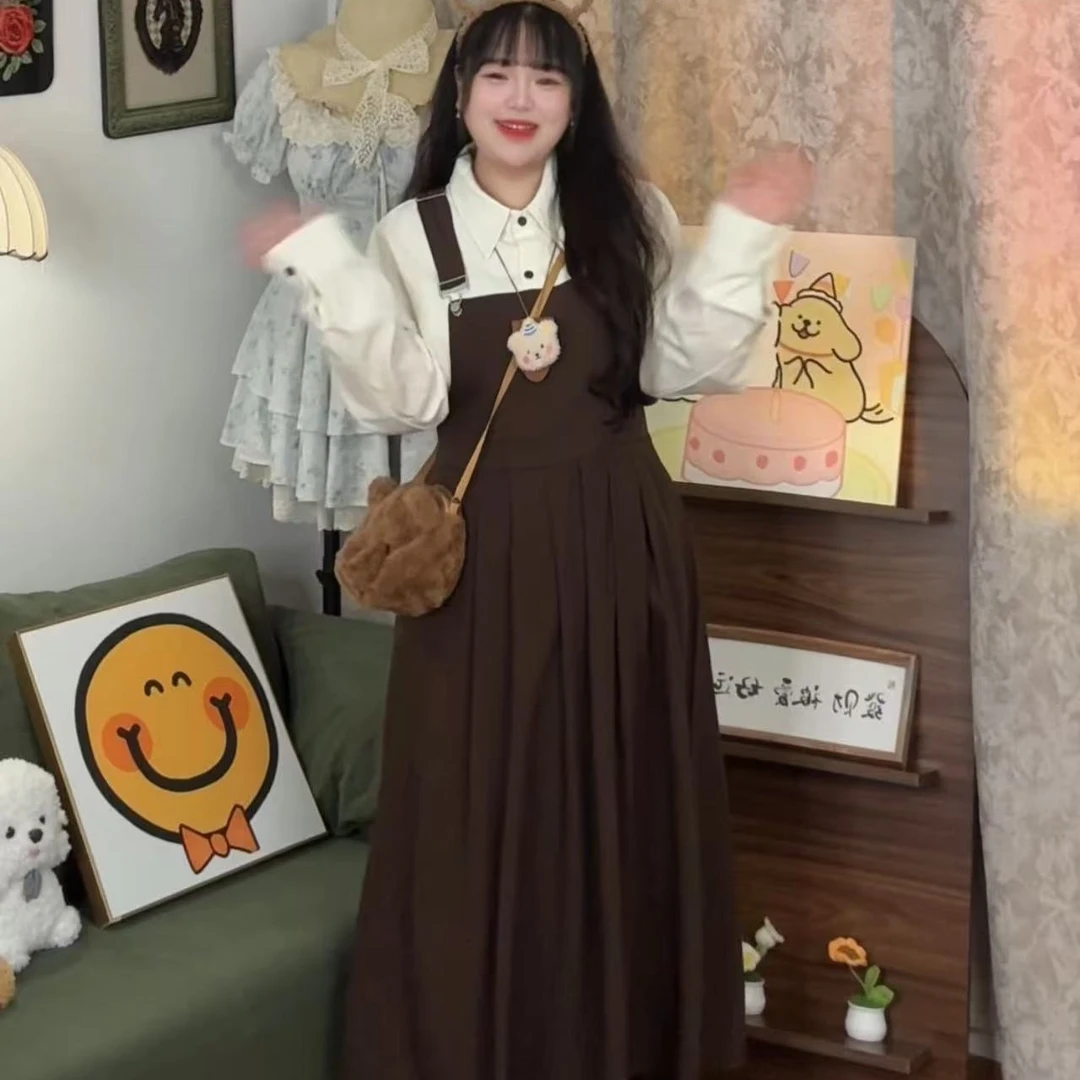 韩系复古学院风减龄背带连衣裙套装女2025秋季花边衬衫长裙两件套