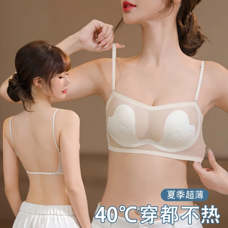 维多利亚美背细肩带内衣夏季女士超薄款露背文胸一体吊带无痕凉感