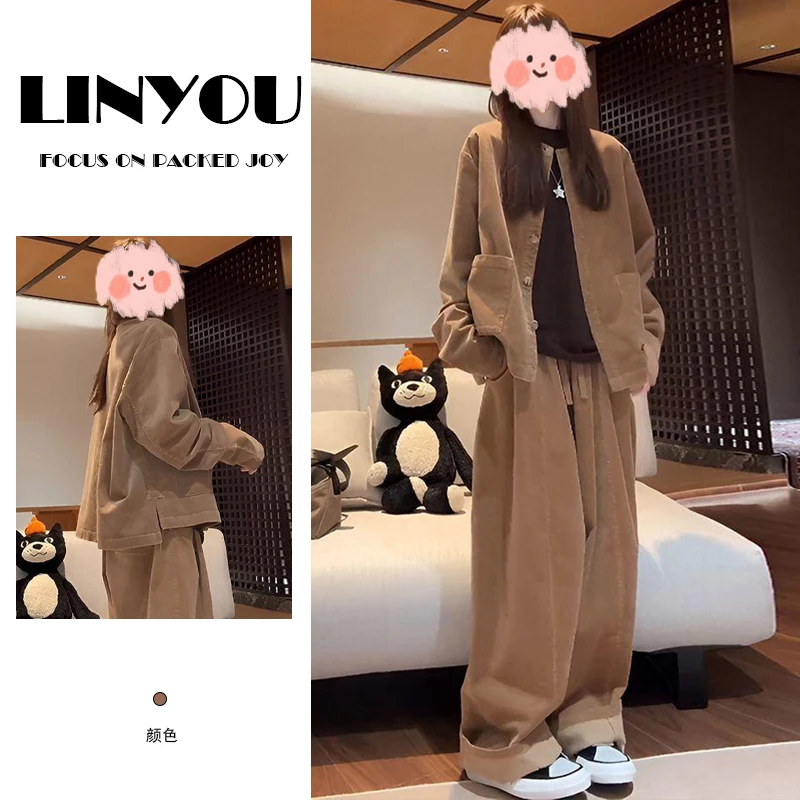 韩系一整套穿搭女2026年秋季新款纯色圆领设计感长袖+休闲裤套装