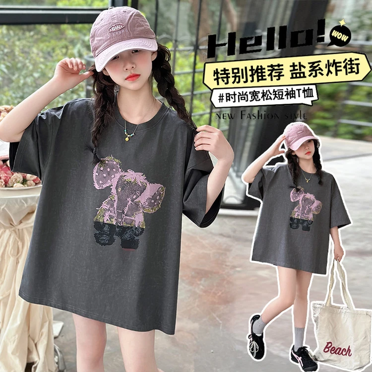 2025新款夏季爆款女孩T恤潮酷夏季做旧印花女童中大童休闲中长款