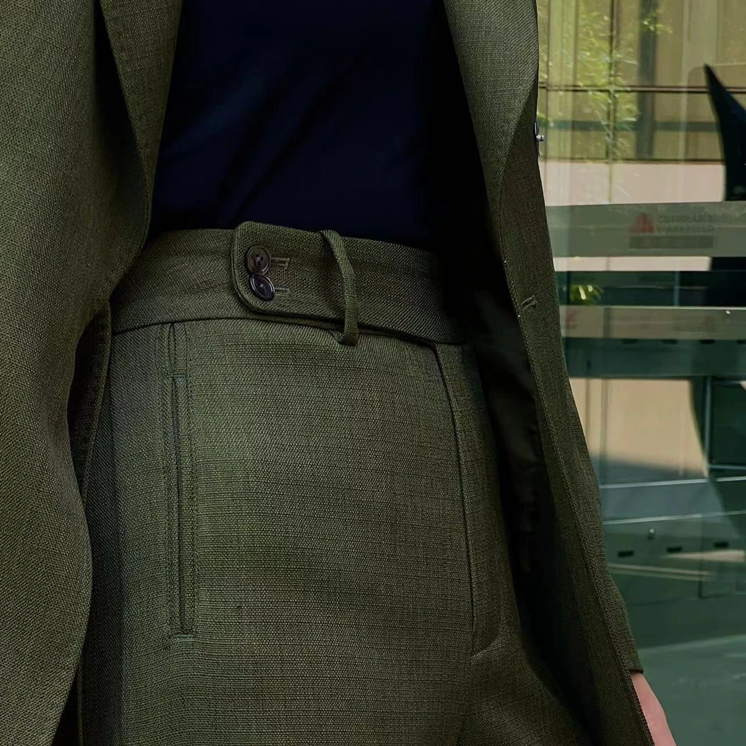 璞迩松绿色长腰头直筒甩裤