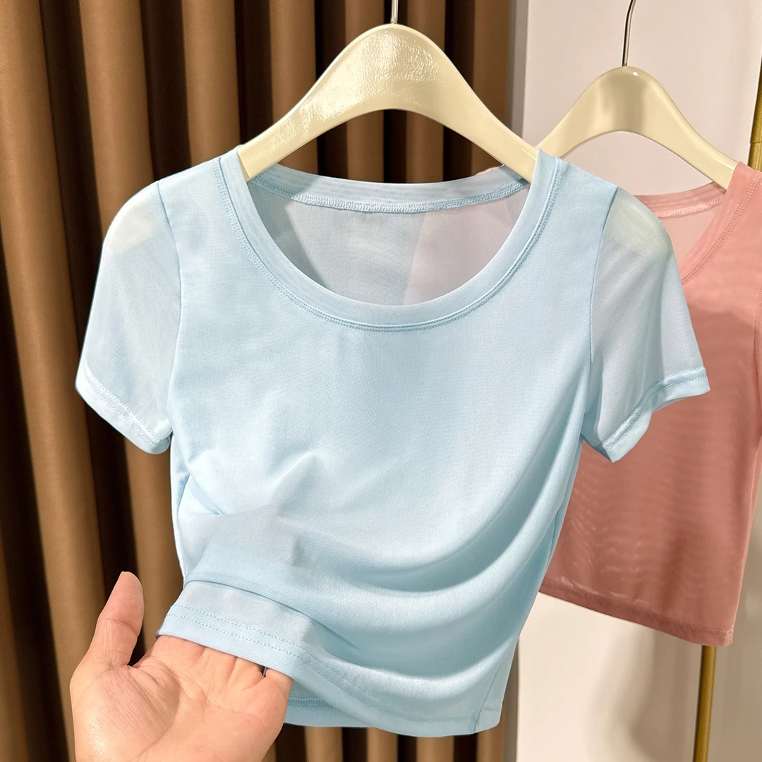 薄款修身网纱打底衫吊带裙微透短袖正肩蕾丝女t恤2025夏季小衫女