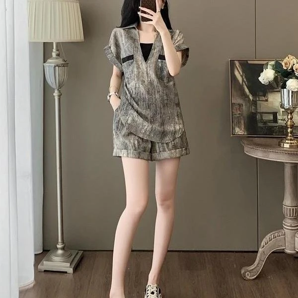 2025夏季新款女士休闲时尚气质套装慵懒风显瘦短袖衬衫短裤两件套